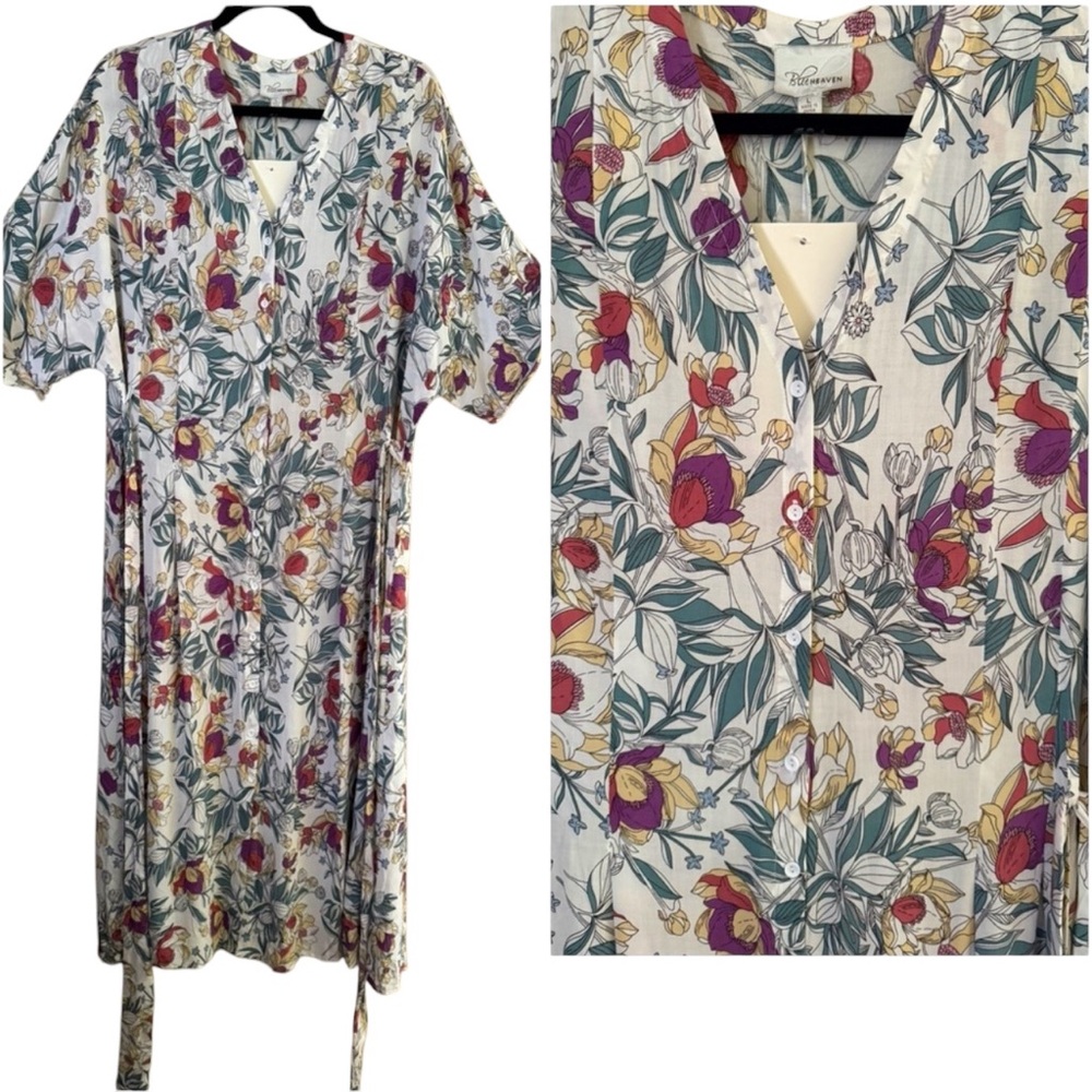 Blu HEAVEN Floral Print Midi Dress - Multicolor, Lightweight Women's Sz L NWT